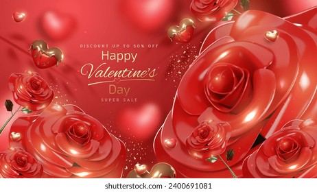 Antecedentes del Día de San Valentín con corazones 3D realistas y lindos cubiertos de chocolate y decorados con rosas y cintas doradas. Ilustración vectorial.