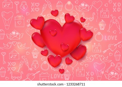 Valentine's day background. 3d red hearts on pink pattern with hand drawn love line art symbols in sketch style. Space for text