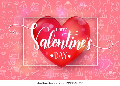 Valentine's day background with 3d red heart and frame on pink pattern with hand drawn love line art symbols. Sketch. Happy Valentine's Day. Vector