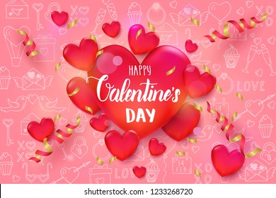 Valentine's day background with 3d red hearts and serpentine on pink pattern with hand drawn love line art symbols. Sketch. Happy Valentine's Day. Vector