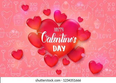 Valentine's day background with 3d red hearts on pink pattern with hand drawn love line art symbols. Sketch. Happy Valentine's Day-hand made lettering. Vector