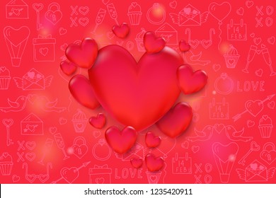 Valentine's day background. 3d red hearts on pattern with hand drawn love line art symbols in sketch style. Space for text