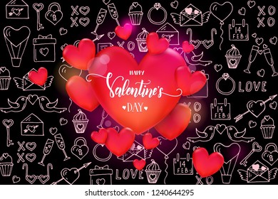 Valentine's day background with 3d red hearts on black pattern with hand drawn love line art symbols. Sketch. Happy Valentine's Day-hand made lettering. Vector