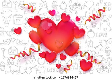 Valentine's day background with 3d red hearts and serpentine on pattern with hand drawn love line art symbols. Sketch. Happy Valentine's day
