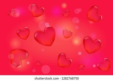 Valentines day background with 3d red hearts on red. Happy Valentine's day. Space for text. 