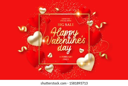 Valentines Day background with 3d red hearts, lights and text. Holiday card illustration on red background. Discount bunner special offer Big Sale.