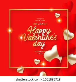 Valentines Day background with 3d red hearts, lights and text. Holiday card illustration on red background. Discount bunner special offer Big Sale.