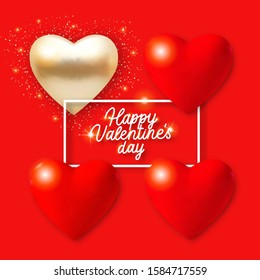 Valentines Day background with 3d red  hearts, lights and text. Holiday card illustration on red background.