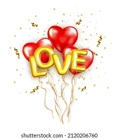 Valentine's day background with 3d red balloons in shape heart with gold metallic text lettering Love. Ballons and ribbon fly. Romantic banner, surprise poster, flyer and brochure.