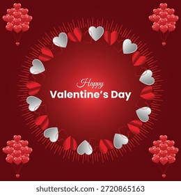 Valentinstag-Hintergrund mit 3D-Kreisrahmen für rote und weiße Herzen, glänzenden Ballonsträußen und "Happy Valentine's Day"-Text für Social-Media-Beiträge und romantische Grußkarten. Vektorgrafik