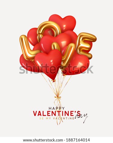Valentine's day background with 3d red balloons in shape heart with gold metallic text lettering Love. Ballons and ribbon fly. Romantic banner, surprise poster, flyer and brochure. Holiday wedding