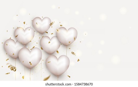 Valentines Day background. 3d white hearts, flying confetti,particles, bokeh.Template for sales, invitations, promotionals.Vector