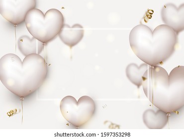 Valentines Day background. 3d white hearts,blurred flying confetti,particles, bokeh.Template for sales, invitations, promotionals.Vector