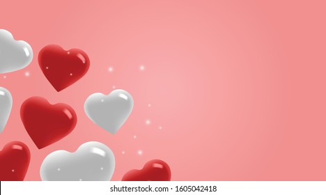 Valentine's Day Background with 3d White and Red Heart Shaped Balloons