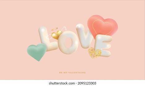 Antecedentes del día de San Valentín. 3 d palabra amor con corazones. Cartel de vacaciones, afiche.