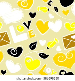 Valentines day background. Abstract love seamless pattern on a beige background. Vector hearts, rose flower, love letter and text seamless pattern.