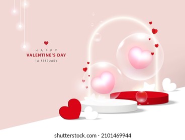 Valentine's day background. Abstract scene decor with stage double, Pink hearts balloons in soap bubbles, neon light arch, festive object. Podium for product display. Vector illustration.