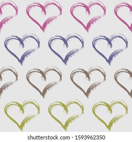 Valentines day background. Abstract seamless pattern with hearts, urban elements, drops, brush, lines stars, sprays. Pink, blue, green and gray hearts.