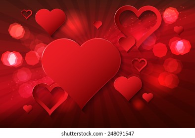 Valentines day background with abstract shines and hearts. Vector illustration.