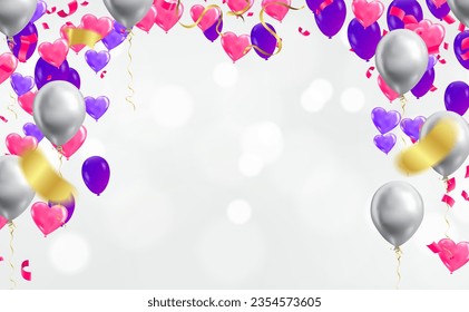 Valentine's day background with balloons and confetti. Vector illustration.