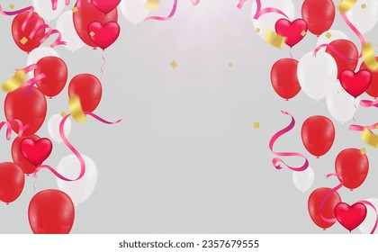 Valentine's day background with balloons and confetti. Vector illustration.