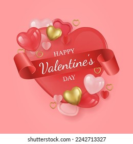 Valentine's day background with balloons heart and golden hearts. Vector illustration. Wallpaper, flyers, invitation, posters, brochure, banners.