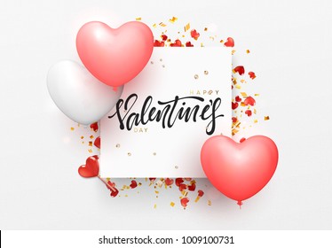 Valentines Day Background With Balloons Shape Heart. Love Banner, Poster, Label Promo Sale, Vector Illustration