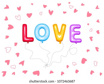 
Valentines day background with balloons in shape letters, little hearts around word. Love banner, vector illustration.