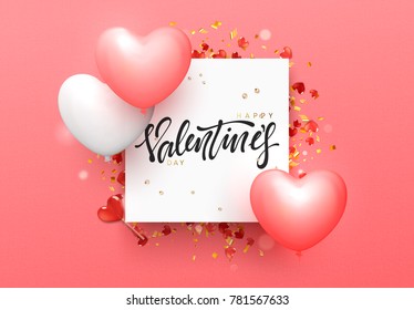 Valentines day background with balloons shape heart. Love banner, poster, label promo sale, vector illustration