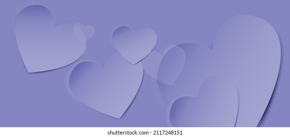 Valentines Day background or banner with 3D hearts. Background in Very Peri colors.Hearts geometric abstract background.Realistis 3D hearts design template