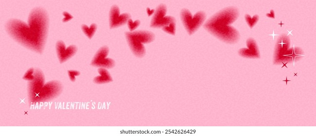 Fondo o Anuncio del día de San Valentín con corazones que soplan o que vuelan sobre un fondo rosado con una textura granulada. Feliz día de San Valentín. Copiar espacio