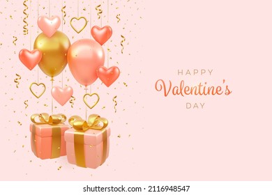 Valentine's Day background, banner. Realistic festive pink gift boxes with golden bow. Balloons fly helium round and hearts shape. 3d gold metallic hearts and glitter confetti. Vector illustration.