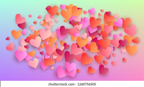 Valentine's Day Background. Banner Template. Many Random Falling Purple Hearts on Hologram Backdrop. Heart Confetti Pattern. Vector Valentine's Day Background.