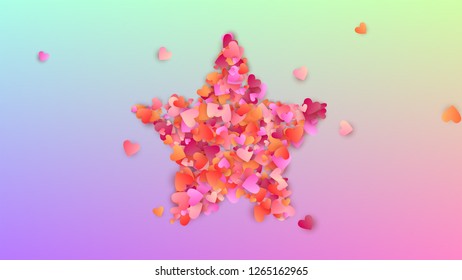 Valentine's Day Background. Banner Template. Heart Confetti Pattern. Many Random Falling Pink Hearts on Hologram Backdrop. Vector Valentine's Day Background.