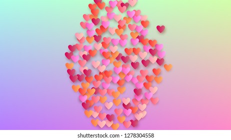 Valentine's Day Background. Banner Template. Many Random Falling Red Hearts on Hologram Backdrop. Heart Confetti Pattern. Vector Valentine's Day Background.
