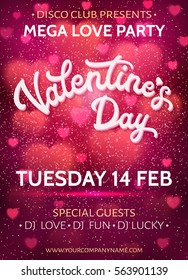 Valentines Day background or banner template with blurred hearts and glitter texture confetti. Love party poster with 3d white hand lettering text on pink backdrop. Colorful font vector illustration.