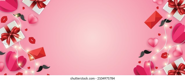 Valentines day background, banner, wallpaper design. Pink background with origami hearts and love elements.