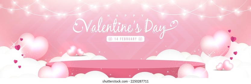 Valentine's day background with base for product display decor with elements for festive, Light decoration, Pink hearts balloons, and Clouds. Romantic Valentines Day background. Vector illustration.