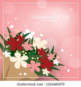 Valentine's day background of a beautiful flowers bouquet with tiny hearts on pink background with white frame for your copy space. Concept of love design for Invitation to party or greeting card.