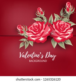 Valentine's day background of beautiful red rose branches with green leaves on red background with your copy space. Concept of love design for Invitation to party or greeting card or banner.