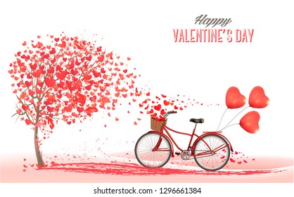 Valentine's Day background with bicycle with red heart shape balloons. Concept of love. Vector