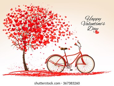 Valentine's day background with a bike and a tree made out of hearts. Vector.