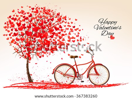 Valentine's day background with a bike and a tree made out of hearts. Vector.