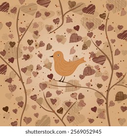Valentine's Day background with bird and colorful hearts for greeting cards and gift design