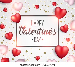 Valentine's day background with black frame. Vector concept illustration. 3d red white heart. Cute love sale banner, postcard, greeting card