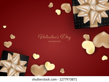 Valentine's day background of black gift box with gold ribbons and gold hearts on red background for your copy space. Valentines day concept for background, banner, advertising and promotion.