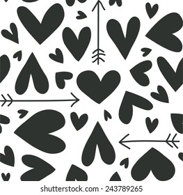 Valentine's Day background with black Hearts and Arrows. Hearts seamless pattern. Vector illustration for romantic nostalgia design.