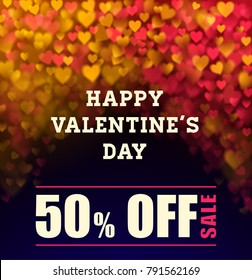 Valentines day background with blurred red and orange hearts for sale and discount, 50% off