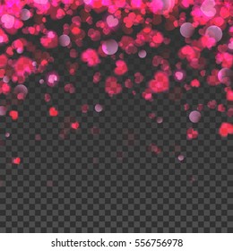 Valentines day background with bokeh effect, falling hearts and confetti, editable layers on transparent background. De focused and glittering separated elements. Vector illustration.