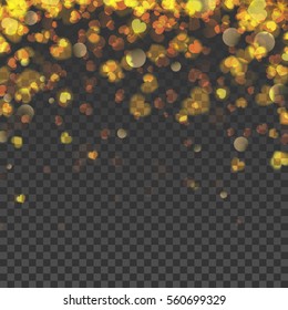 Valentines day background with bokeh effect, falling hearts and confetti, editable layers on transparent background. De focused and glittering separated elements. Vector illustration.